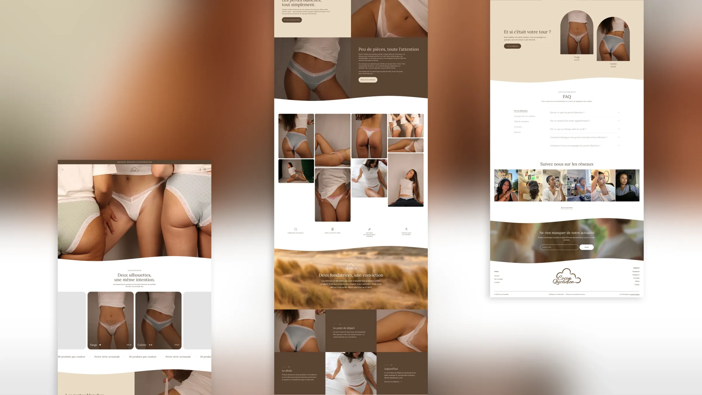 Plusieurs pages de la boutique Cocon Quotidien, de l’accueil à la FAQ