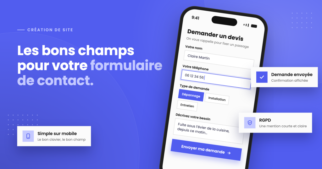 Formulaire de demande de devis affiché sur un téléphone, avec les champs nom, téléphone, type de demande et message
